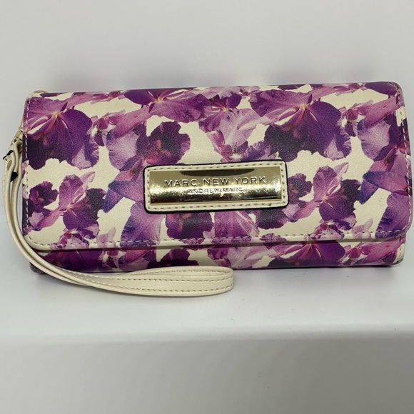 Purple & Cream Floral Leather Wallet By Marc New York - Picture 1 of 13